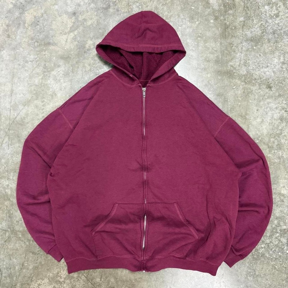 Vintage 90s Essential Red Distressed Blank Full Zip Hoodie Mens XL Burgundy